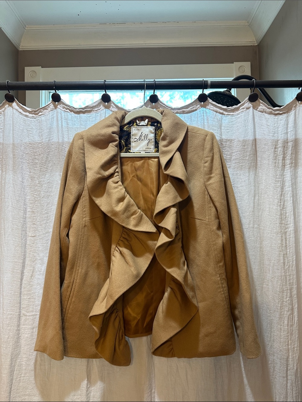 Milly Camel Ruffle-Front Blazer